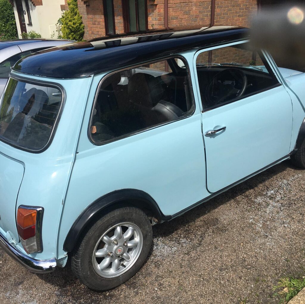 Light blue classic Mini restored by Top Touch Coachworks near Milton Keynes