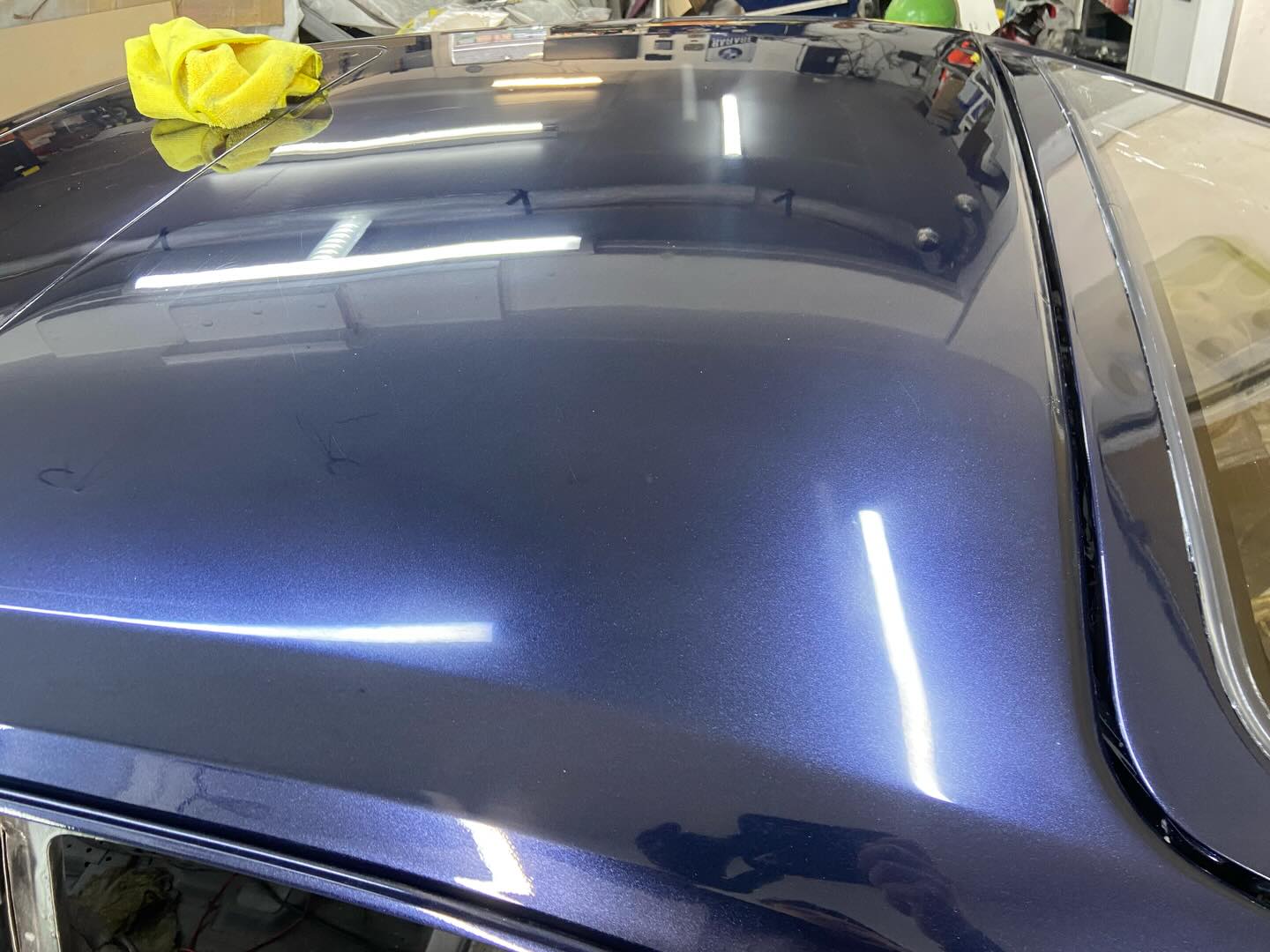 Ford Capri Brooklands roof showing fresh VW blue metallic respray with mirror-like finish at Top Touch Coachworks
