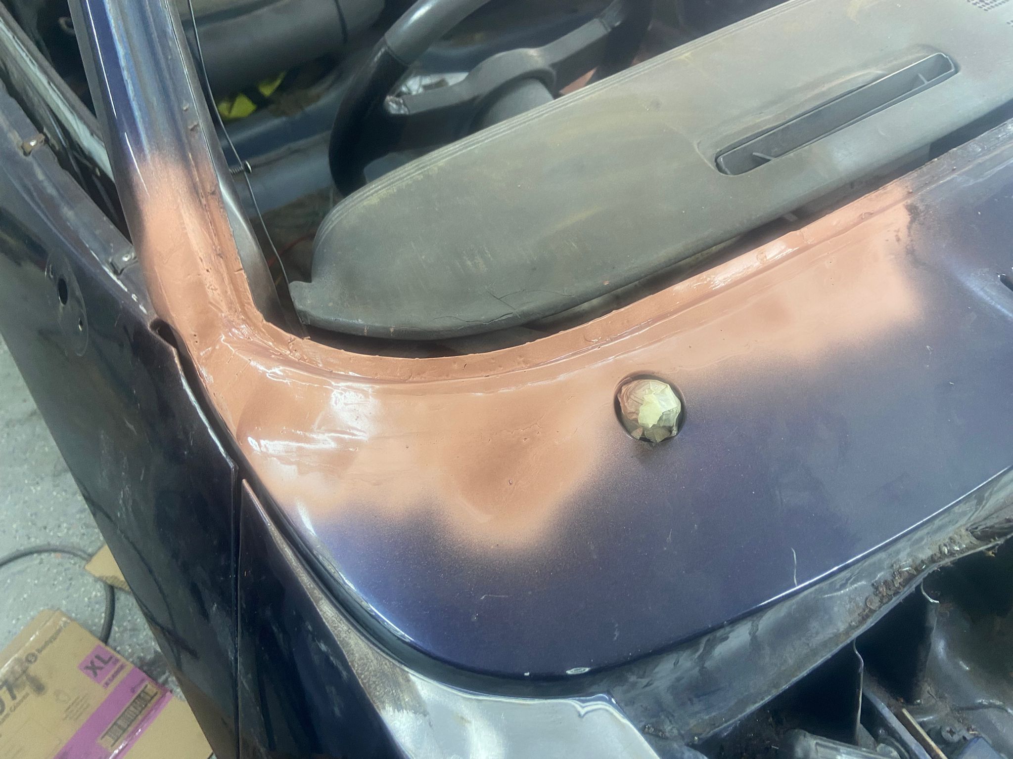 Ford Capri scuttle panel with weld-through primer applied during rust repair near Milton Keynes