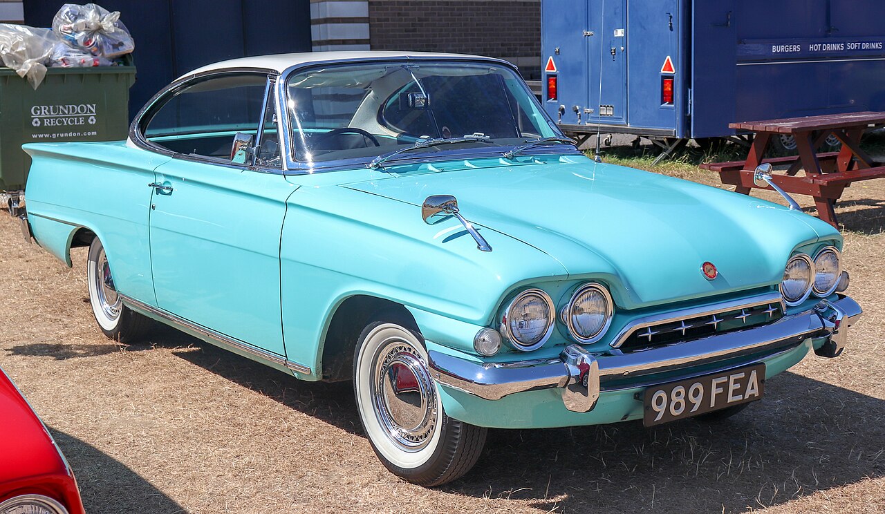 1962 Ford Consul Capri at the British Motor Museum — front view showing the hooded headlamps and Coke-bottle styling of the original 1961-64 Consul Capri coupé