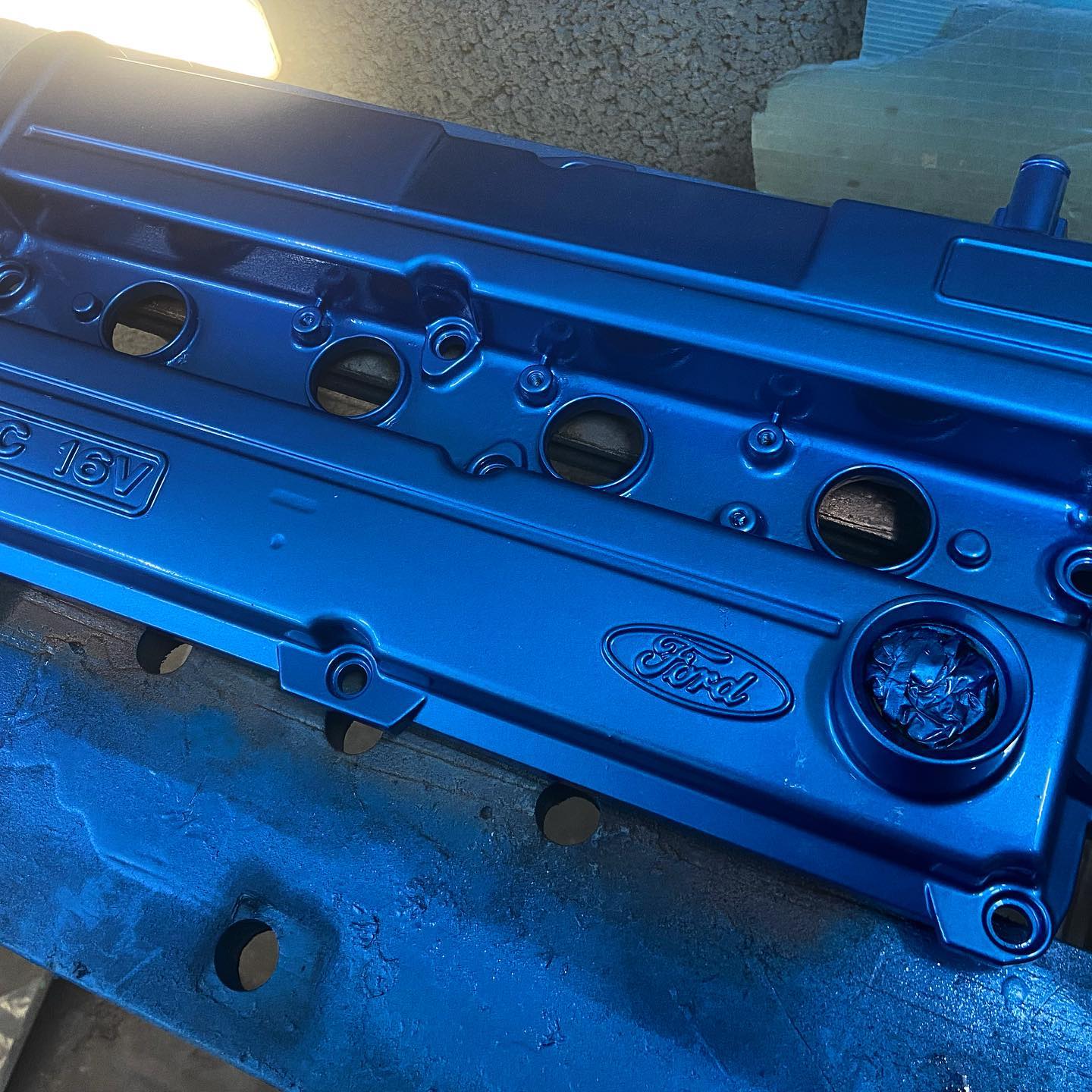 Ford Zetec valve cover painted blue — engine bay detailing at Top Touch Coachworks