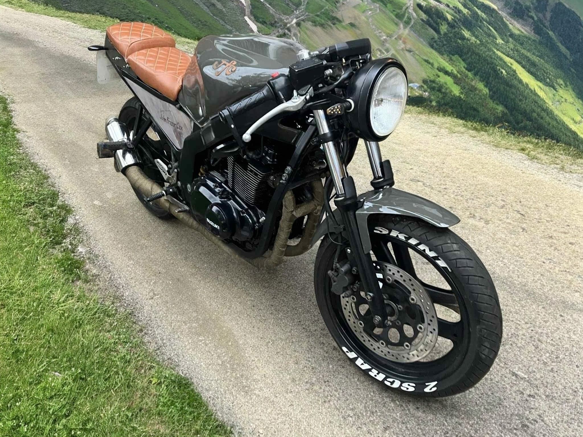 Suzuki GS500F custom cafe racer – tribute build in memory of John Fraser Cox, built by Alex Cox at Top Touch Coachworks near Milton Keynes