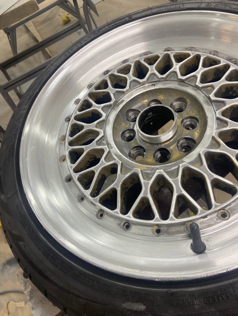 BBS-style alloy wheel before respray showing wear, wheel refurbishment near Wicken